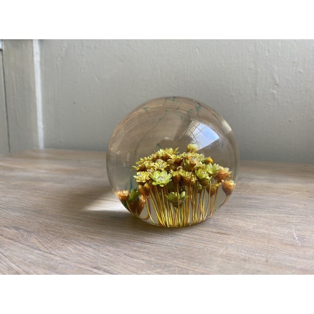 Vintage Daisy Glass Lucite Paperweight 3" Round Green Yellow Orange Flowers